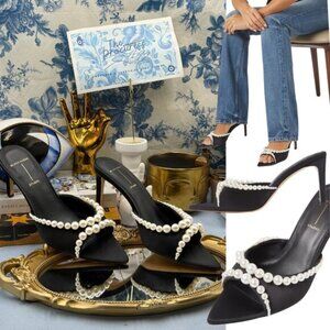 🆕 BLACK SUEDE STUDIO 🧿 NWOB Gigi 80 Pearl Black Satin Mule Sandals, Sz 40 US 9